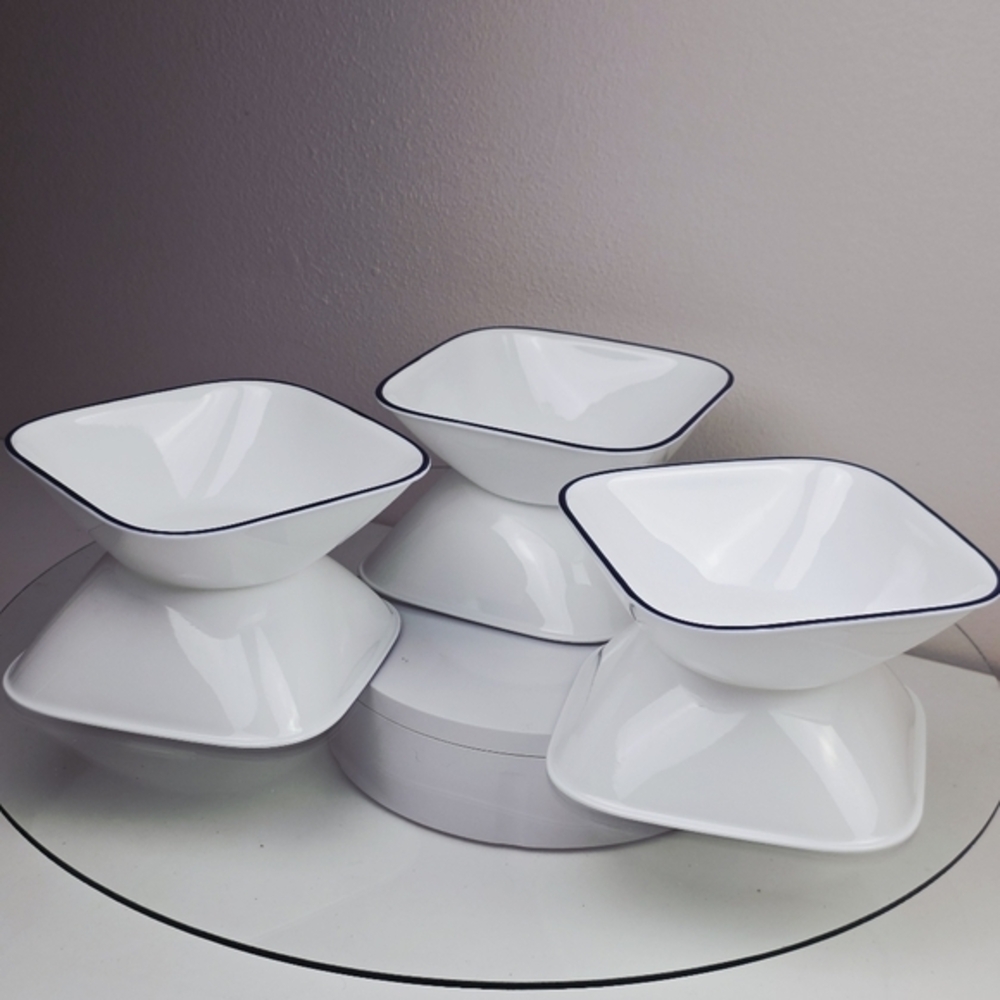 6 Corelle White Square Bowls Set Navy Blue Trim